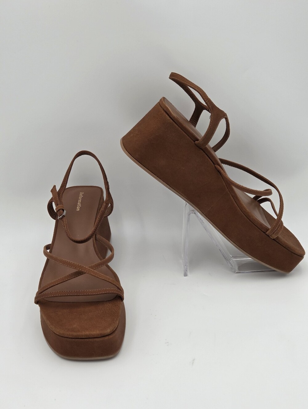 Reformation Zolanda platform sandals in toasted brown suede. Sz 9.5